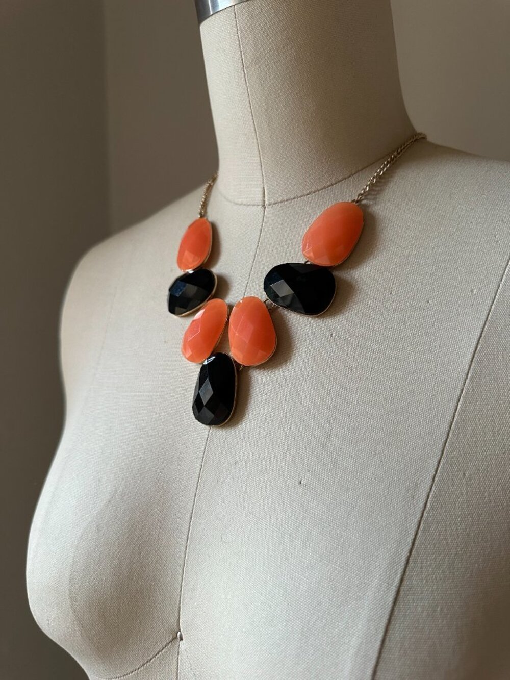 Statement Coral & Black Faceted Gem Necklace | Bold Colorblock Bib Necklace | Go